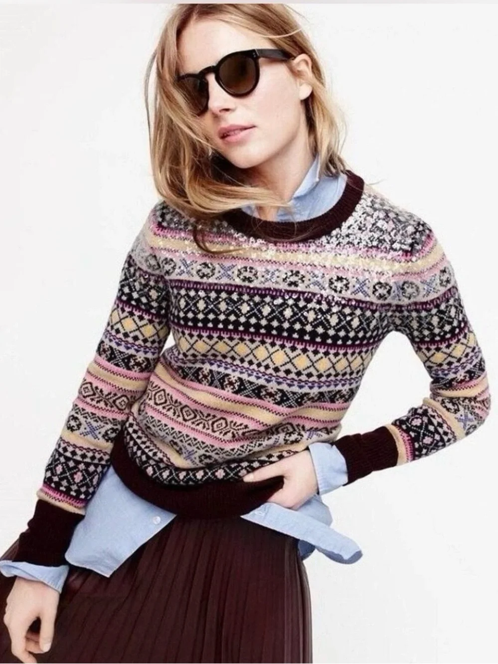 J. Crew Sequin Multicolor Fair Isle Lambswool Crewneck Sweater
